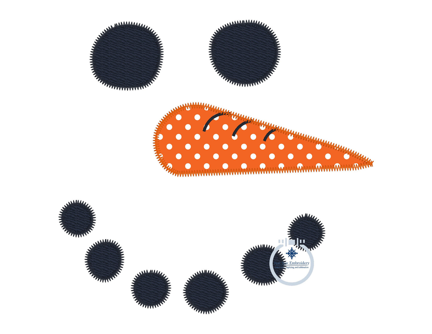 Snowman Face Applique Embroidery Design Four Sizes with 3 Edge Stitches Raggy (Bean), ZigZag, and Satin 5x7, 6x10, 8x8, 8x12 Hoop