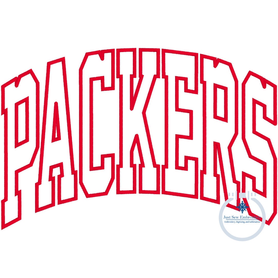 PACKERS Arched Applique Embroidery Design Machine Embroidery Satin Edge Five Sizes 5x7, 8x8, 6x10, 7x12, 8x12 Hoop