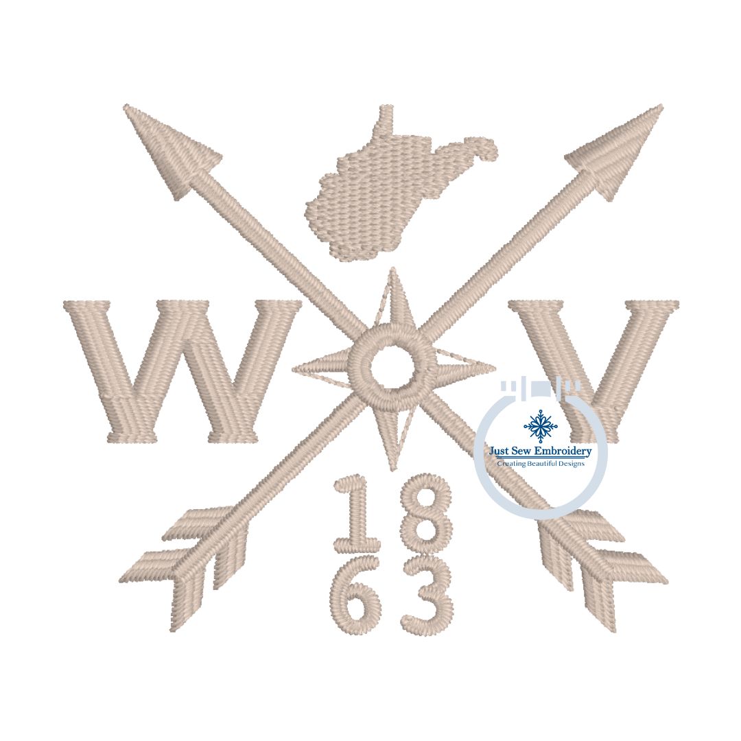 WV 1863 Arrow Embroidery Design Left Chest Hat 4x4 West Virginia Compass Machine Embroidery