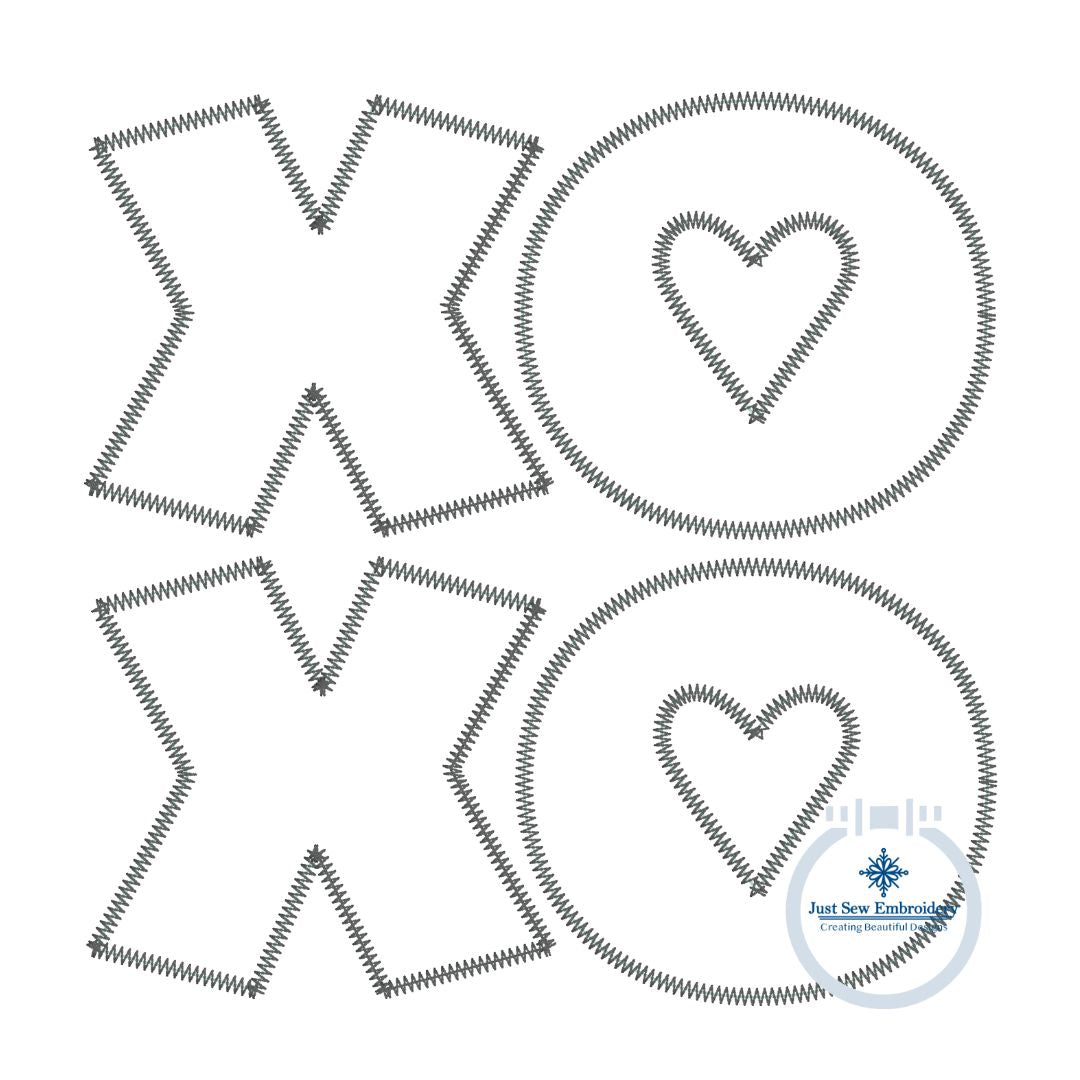 XOXO Square Applique Embroidery Zigzag Edge Stitch Design with Five Sizes 4x4, 5x5, 6x6, 7x7, 8x8