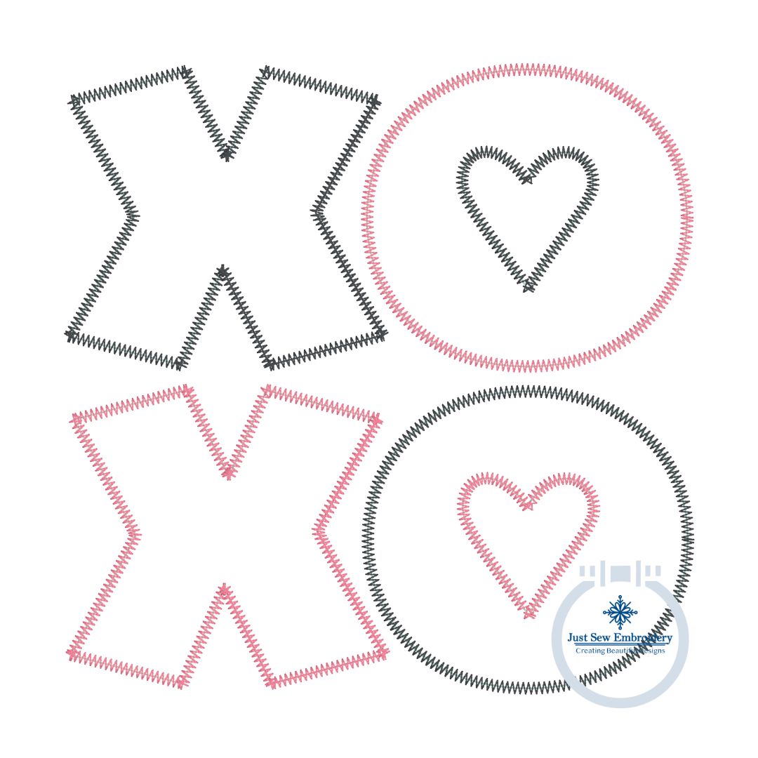 XOXO Square Applique Embroidery Zigzag Edge Stitch Design with Five Sizes 4x4, 5x5, 6x6, 7x7, 8x8